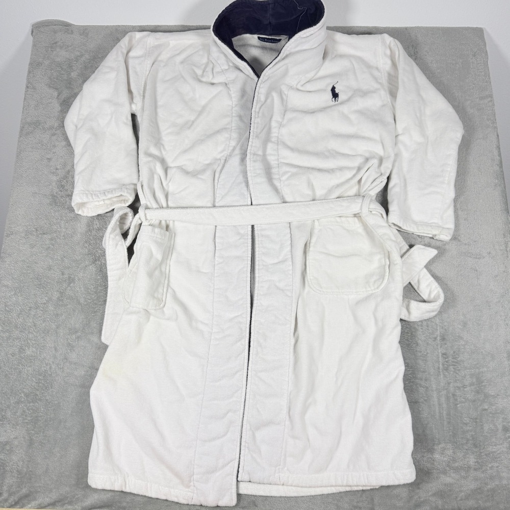 Vintage Polo Ralph Lauren OS White Cotton Terry Hooded Bathrobe Navy Big Pony